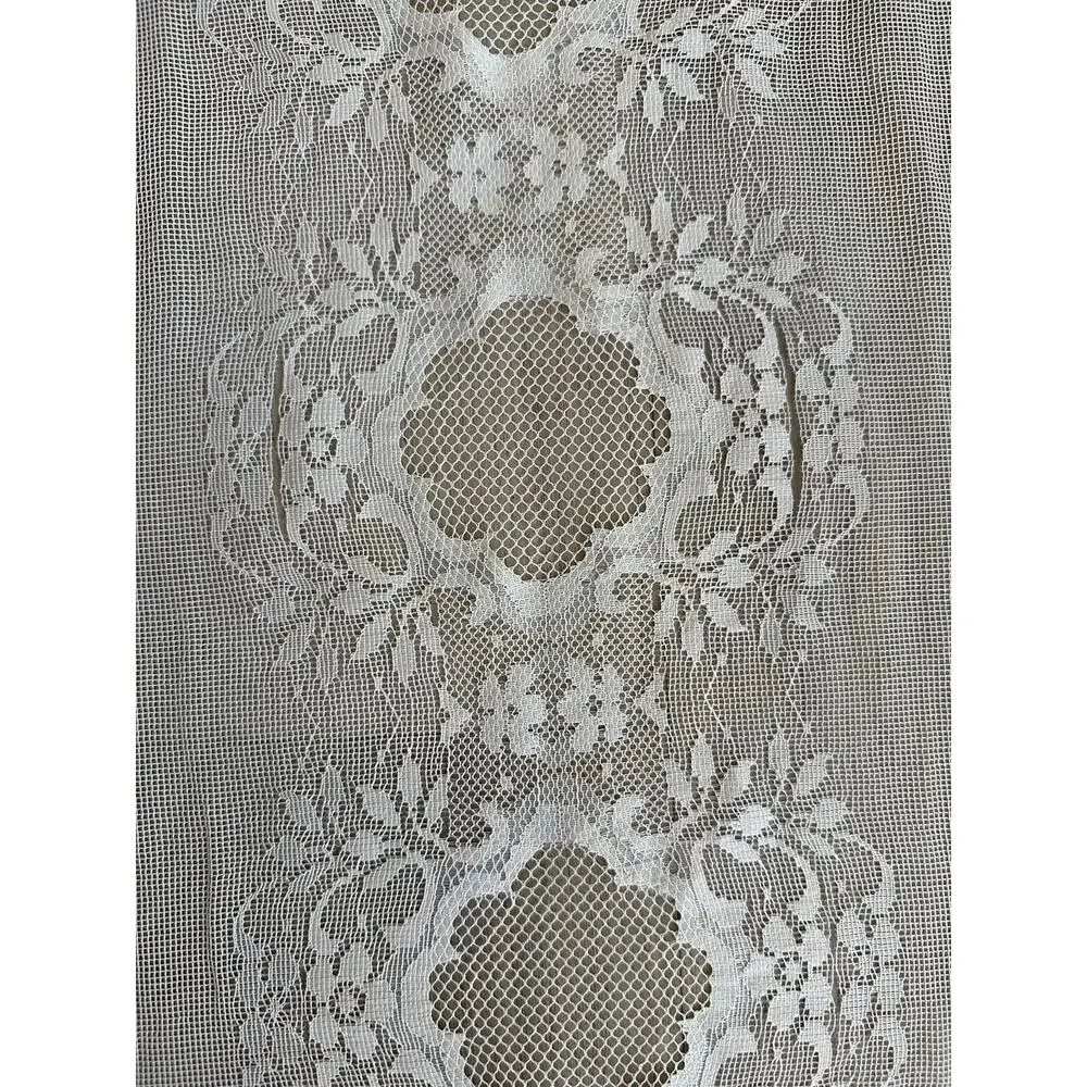 Cream Lace Curtain Panel Set Floral Medallion Pom Pom Valance 4 Pc Cottagecore